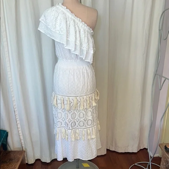 Misa Los Angeles White Ruffled One-Shoulder eyelet Clea tiered midi Sundress - Picture 4 of 6